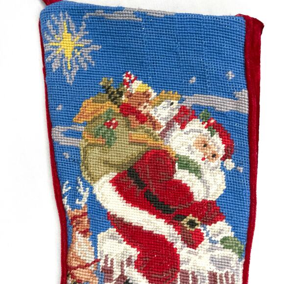 Wool Needlepoint Stocking Santa Claus Reindeer Chimney Presents Christmas Decor - Picture 3 of 6